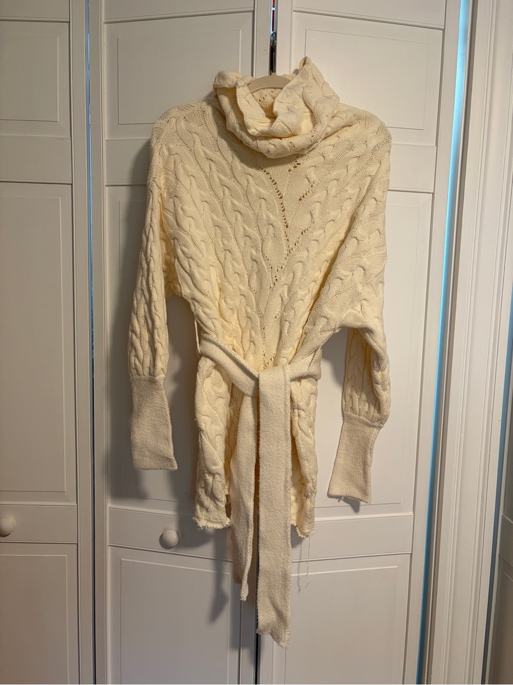Free People Cream Cable-Knit Turtleneck Sweater with Tie Waist